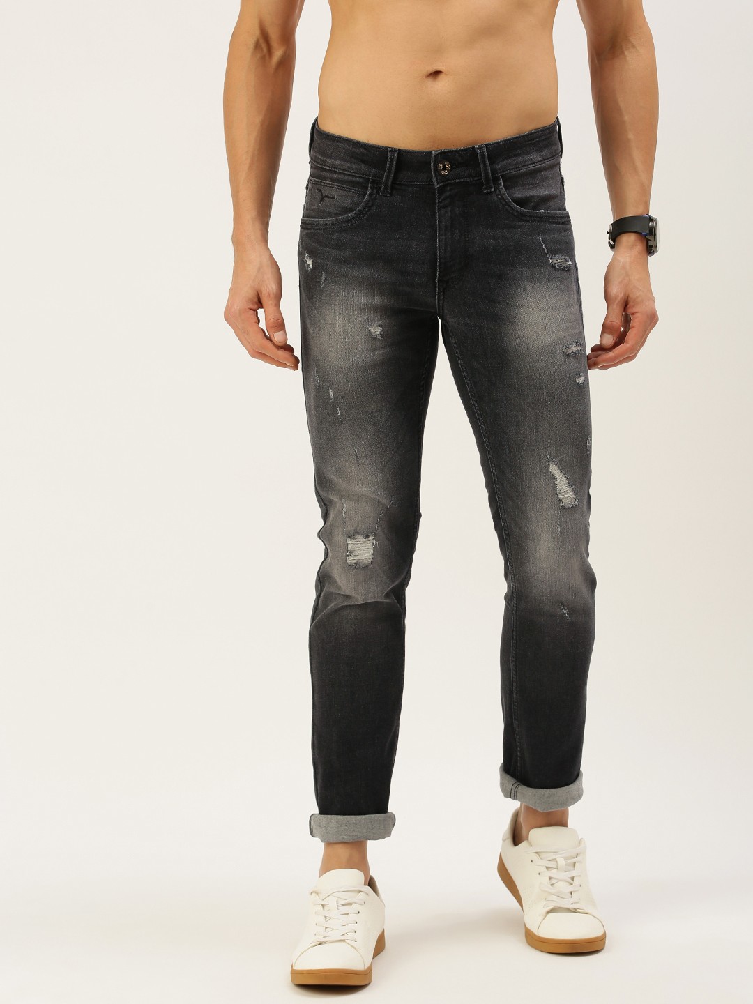 

Flying Machine Men Black Micheal Slim Fit Mildly Distressed Light Fade Stretchable Jeans