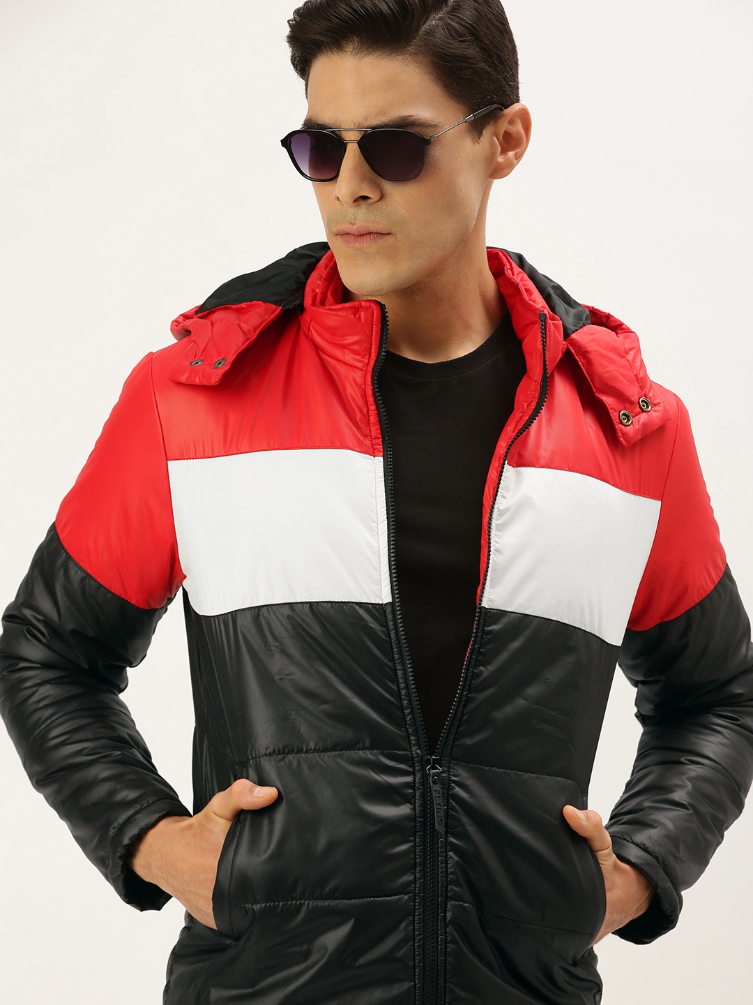 

Flying Machine Men Black & Red Colourblocked Puffer Jacket
