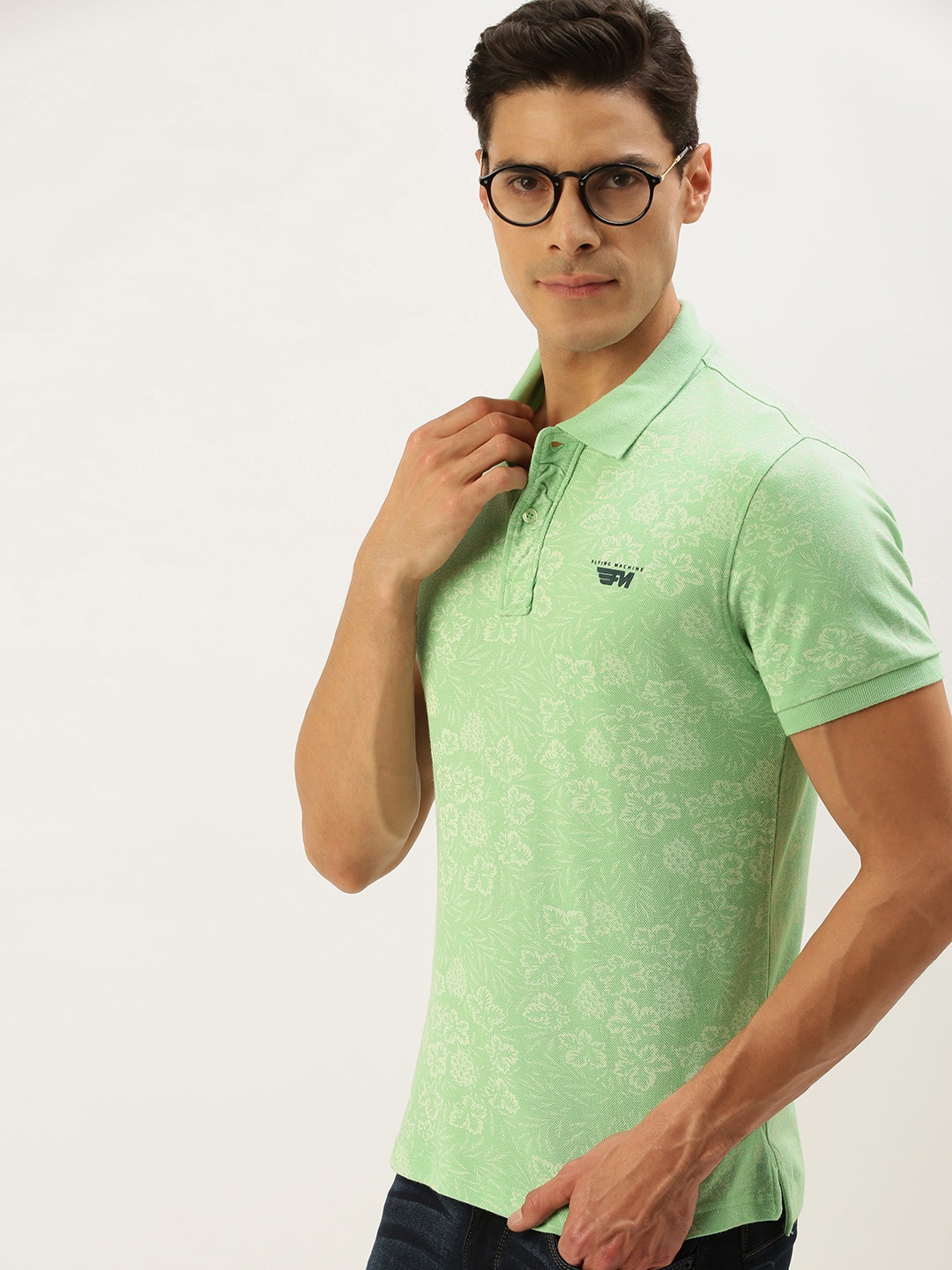 

Flying Machine Men Green Floral Printed Polo Collar T-shirt