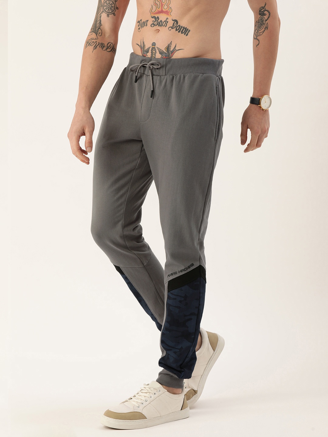 

Flying Machine Men Grey Melange & Navy Blue Colourblocked Slim Fit Jogger