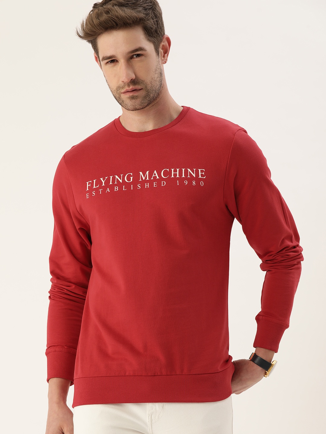 

Flying Machine Men Red Brand Logo Printed Round Neck Round Neck Pure Cotton Sweatshirt