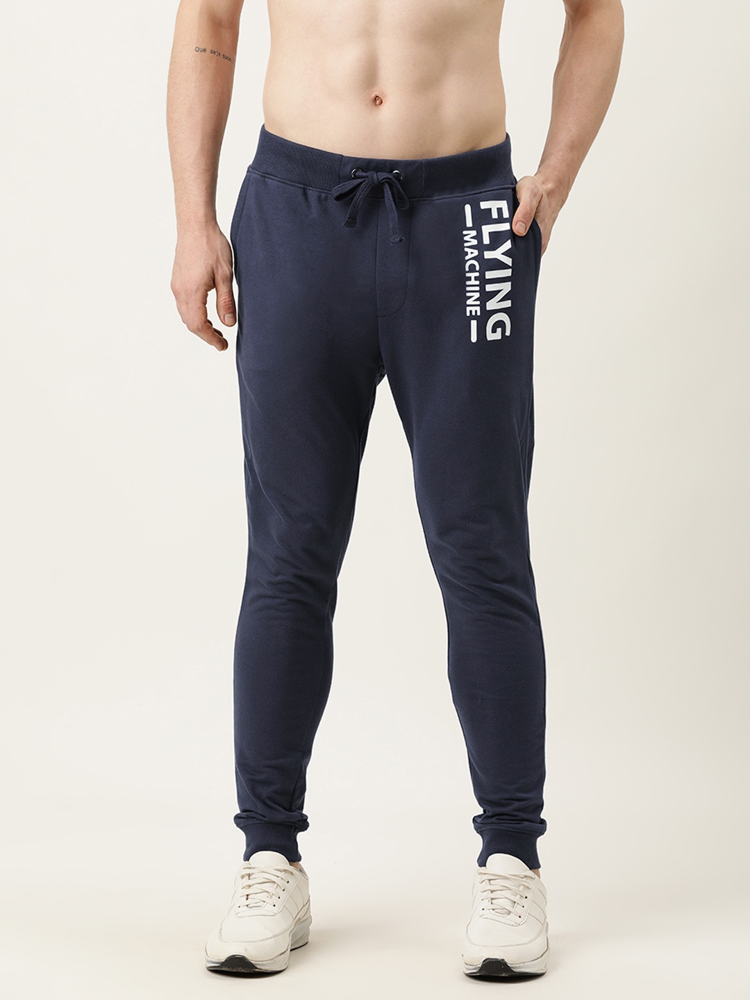 

Flying Machine Men Navy Blue & White Printed Pure Cotton Joggers