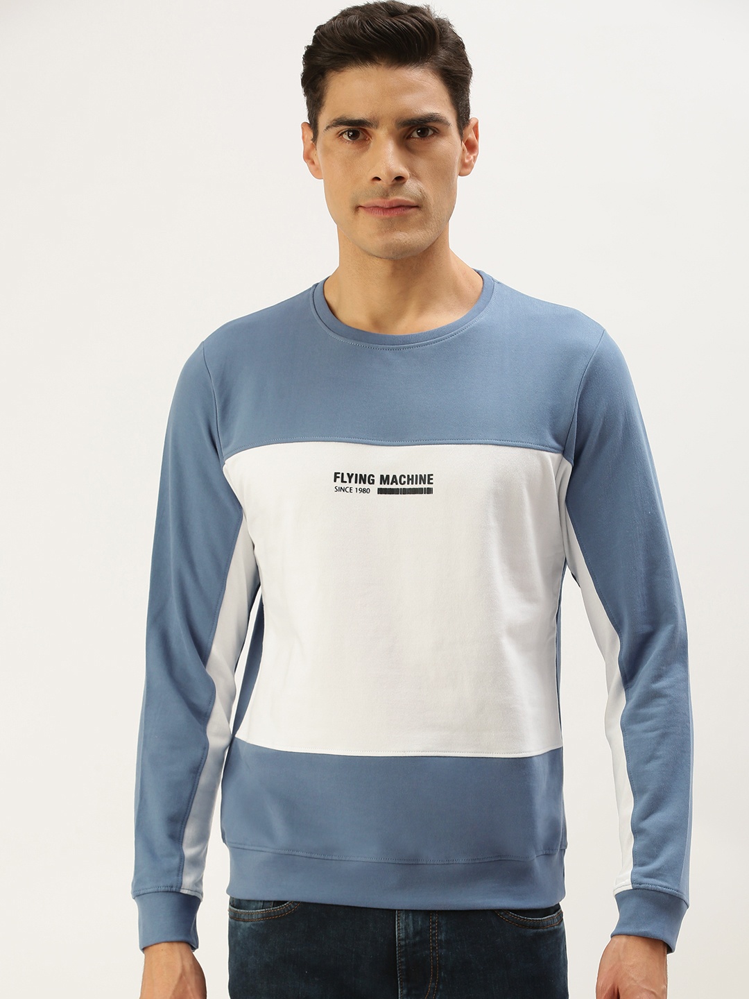 

Flying Machine Men Blue & White Colourblocked Sweatshirt