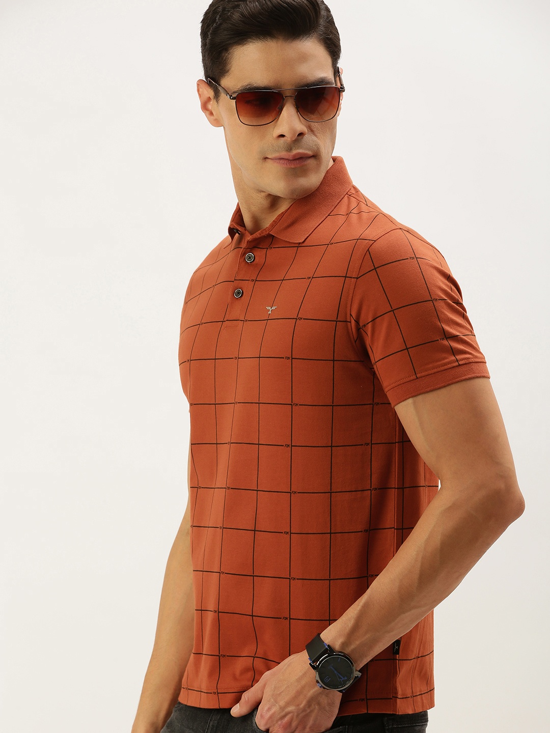 

Flying Machine Men Rust Orange & Black Checked Polo Collar T-shirt