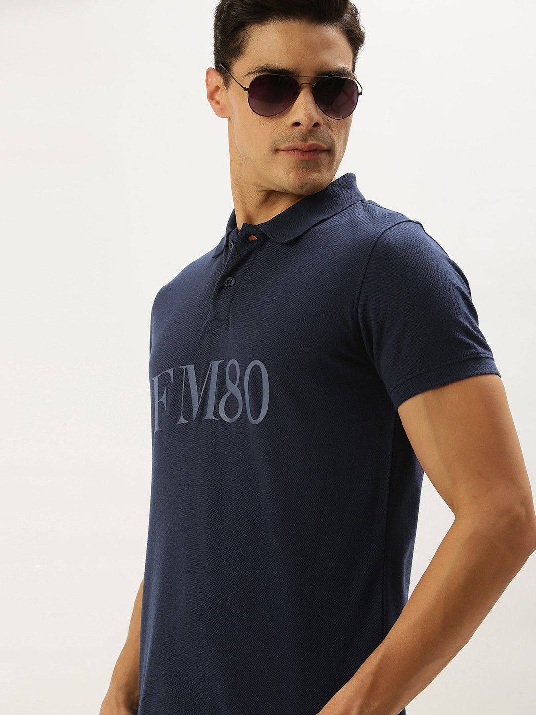 

Flying Machine Men Navy Blue Typography Printed Polo Collar T-shirt