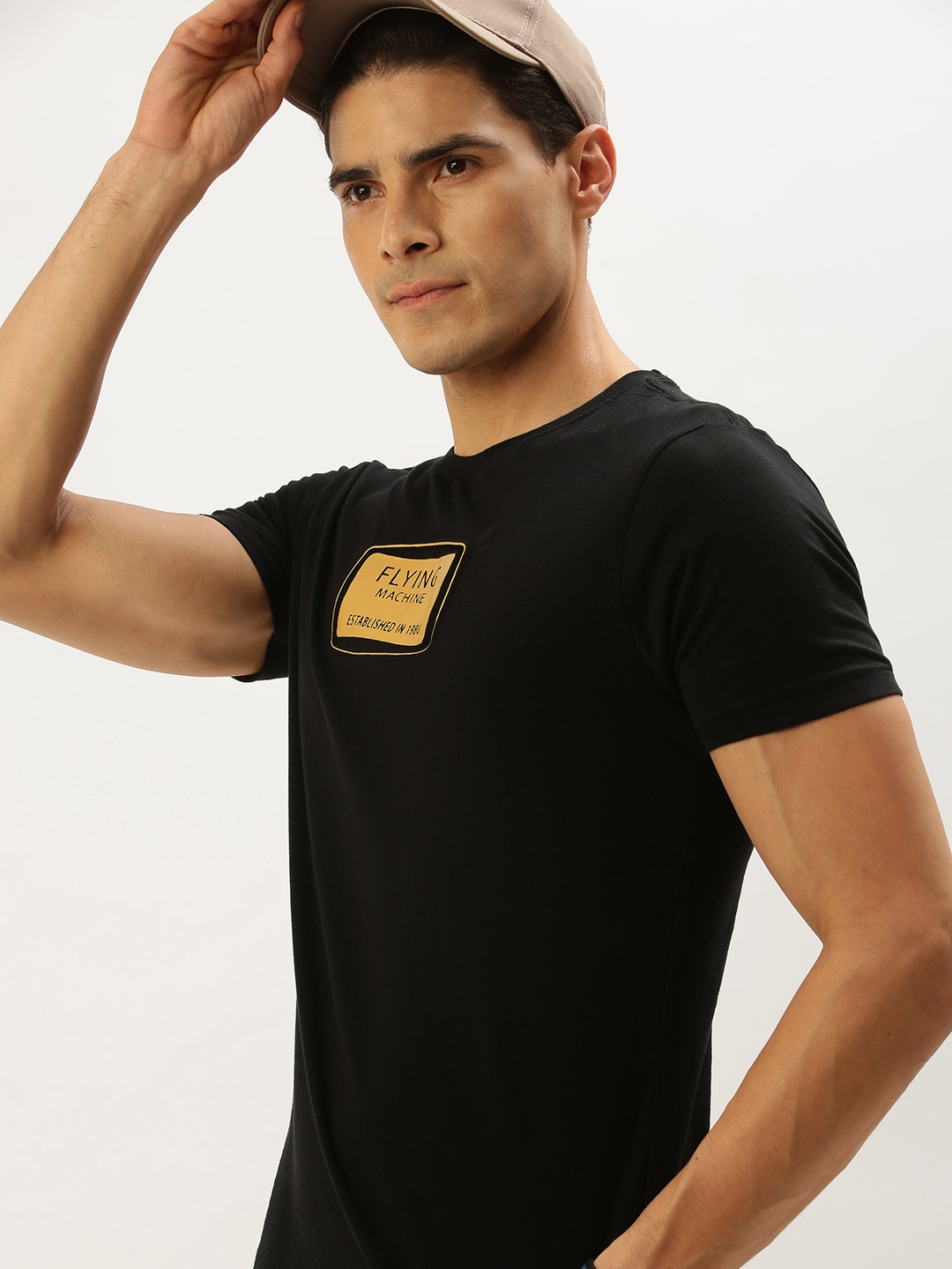 

Flying Machine Men Black Brand Logo Printed Pure Cotton T-shirt