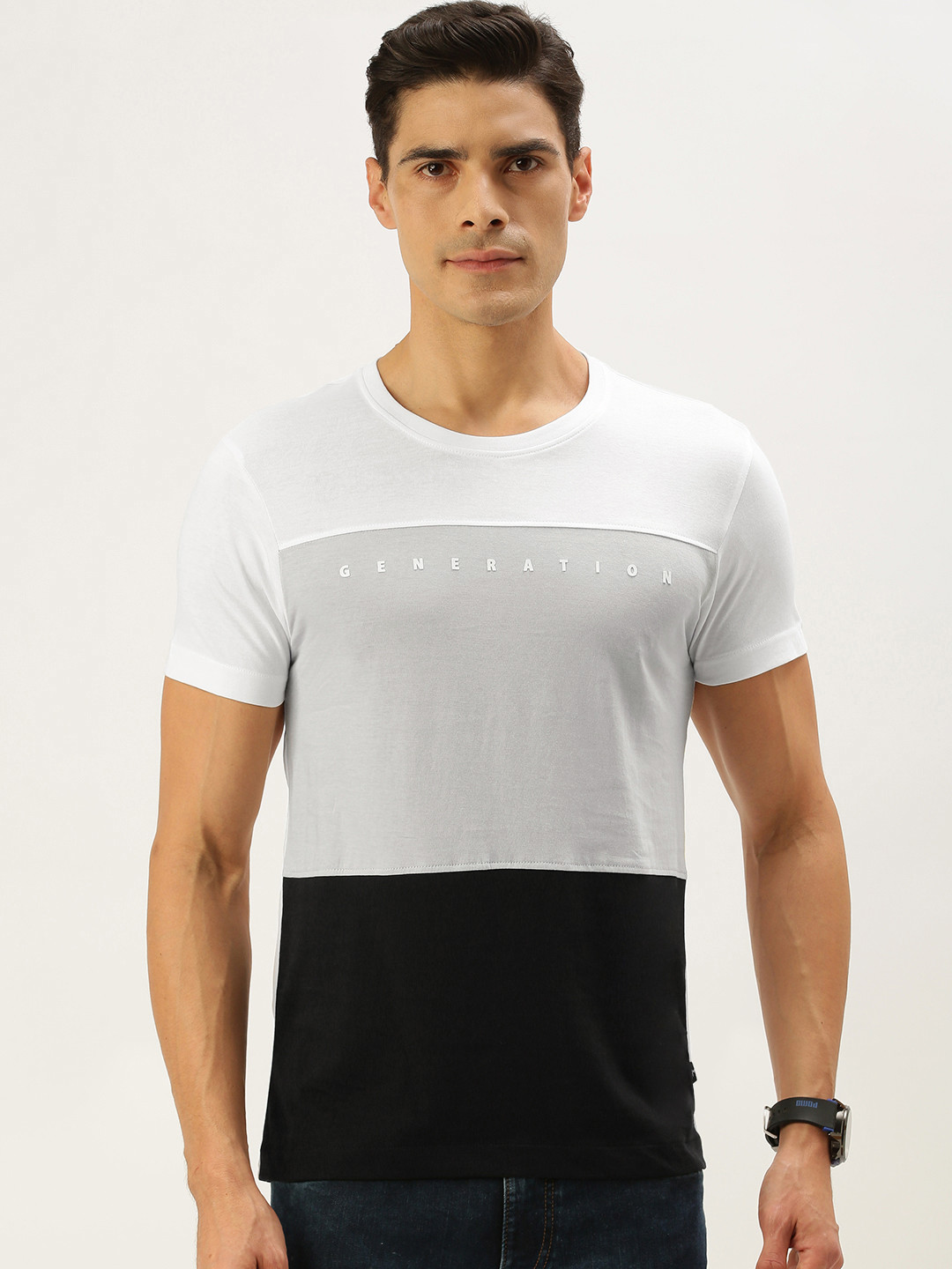

Flying Machine Men White Black Colourblocked Pure Cotton T-shirt