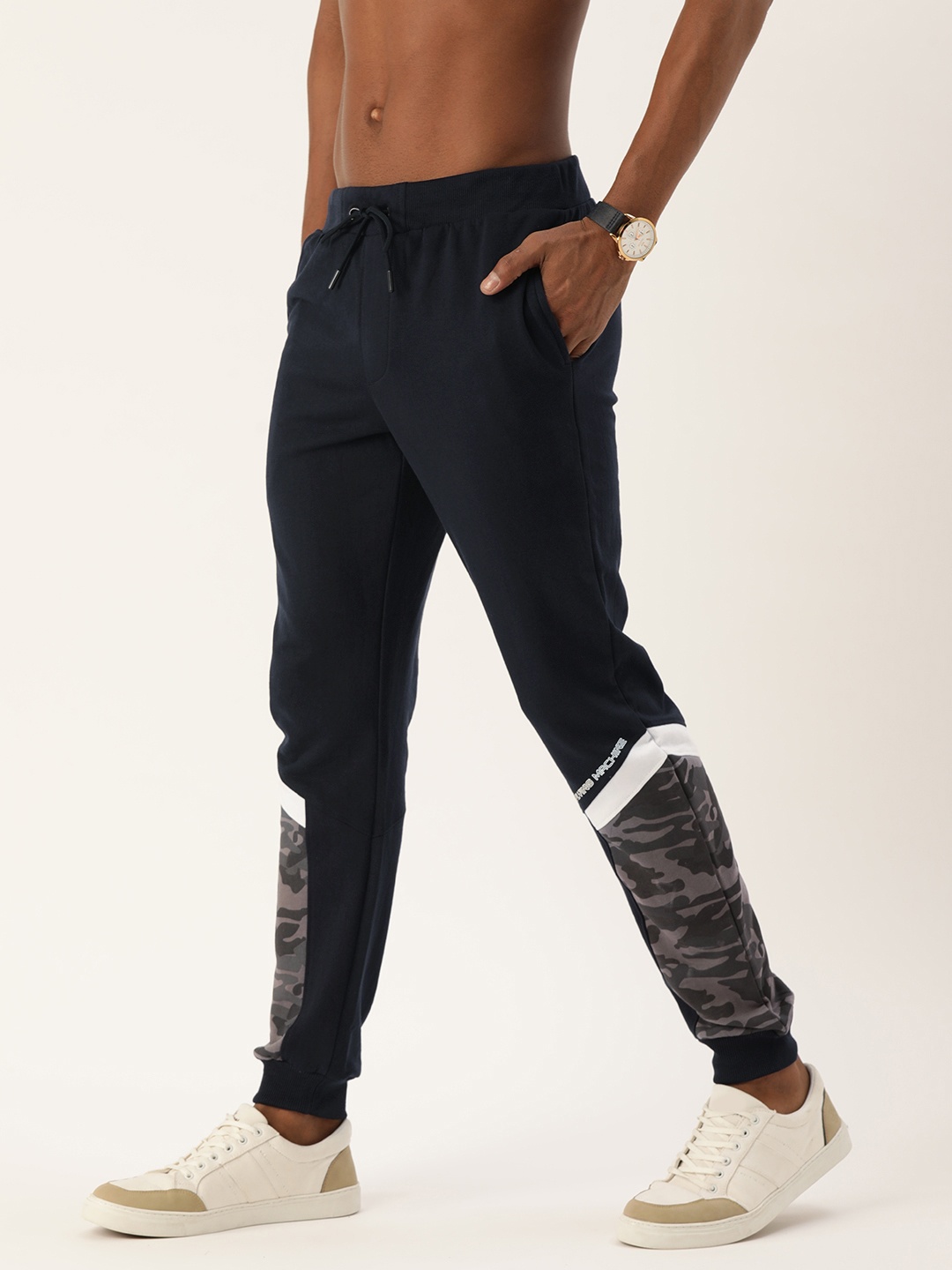 

Flying Machine Men Navy Blue Solid Joggers with Camouflage Print Details
