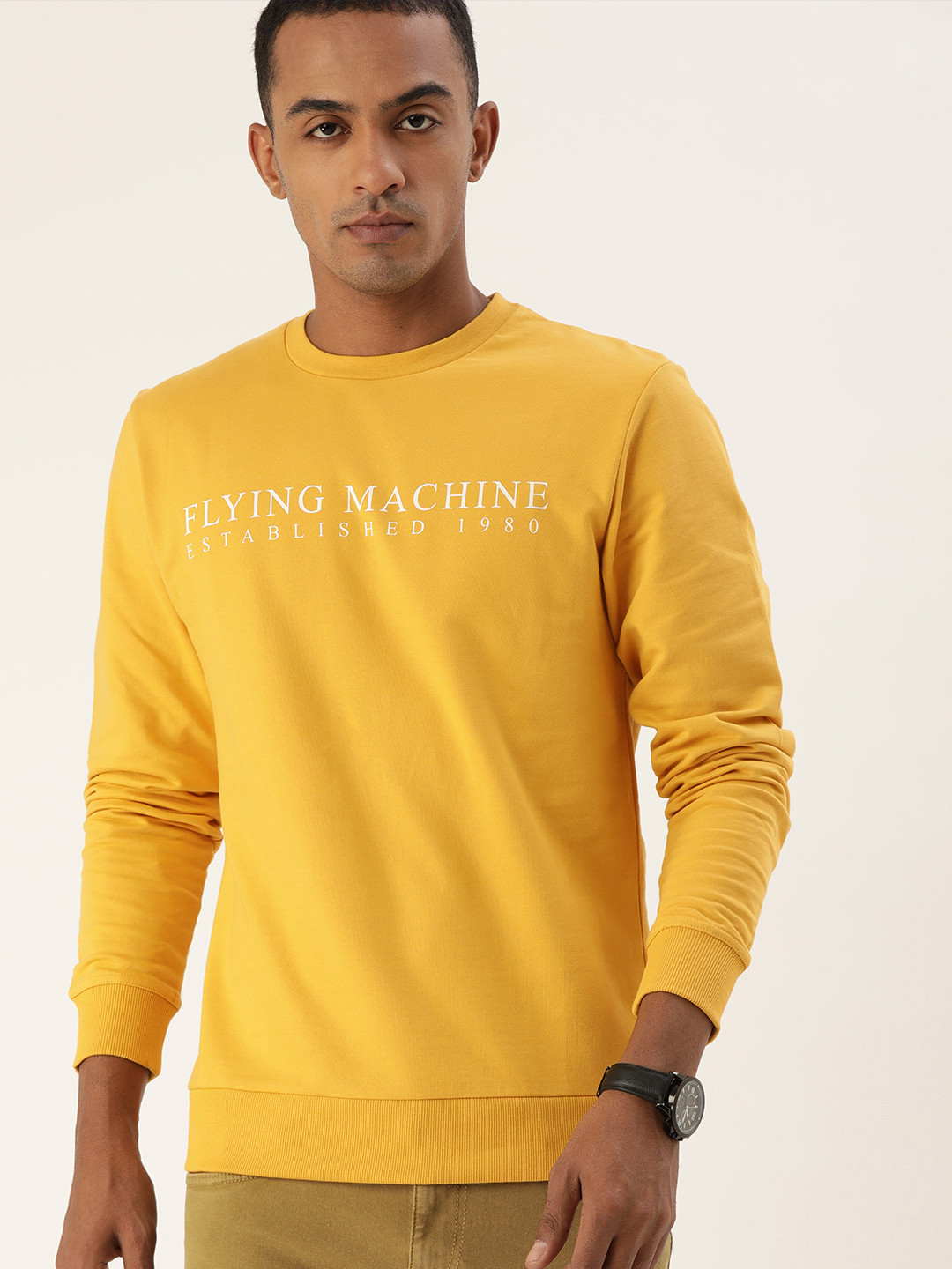 

Flying Machine Men Gold-Toned Brand Logo Printed Round Neck Pure Cotton Sweatshirt