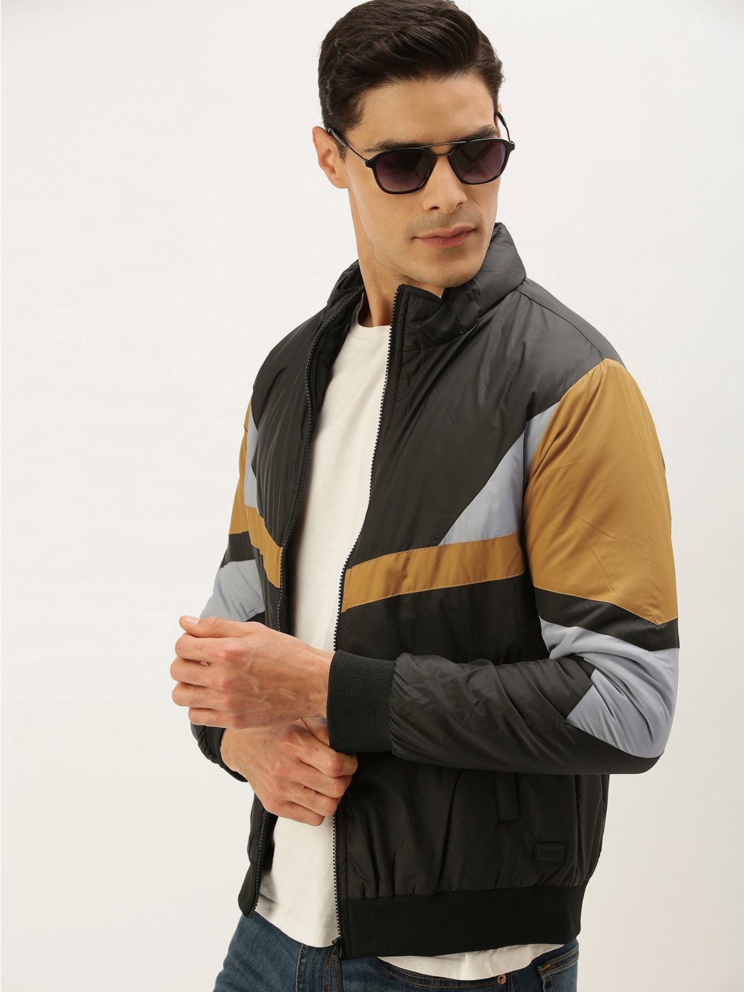 

Flying Machine Men Black & Mustard Yellow Colourblocked Bomber Jacket