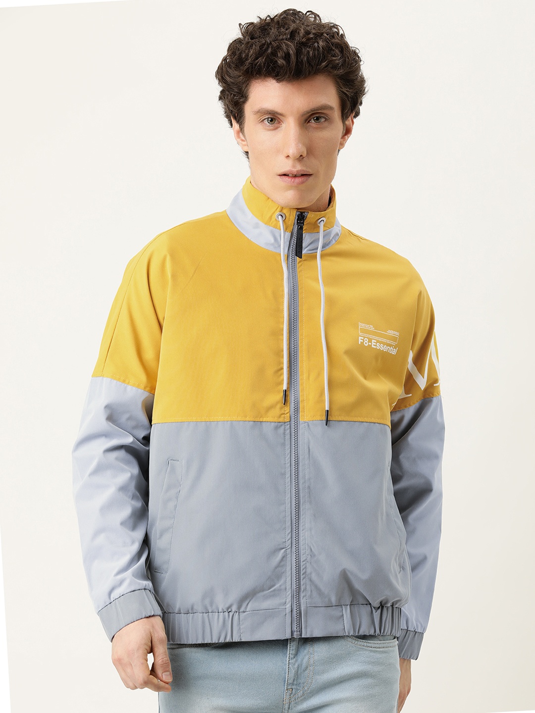 

Flying Machine Men Mustard Yellow & Grey Colourblocked Bomber Jacket