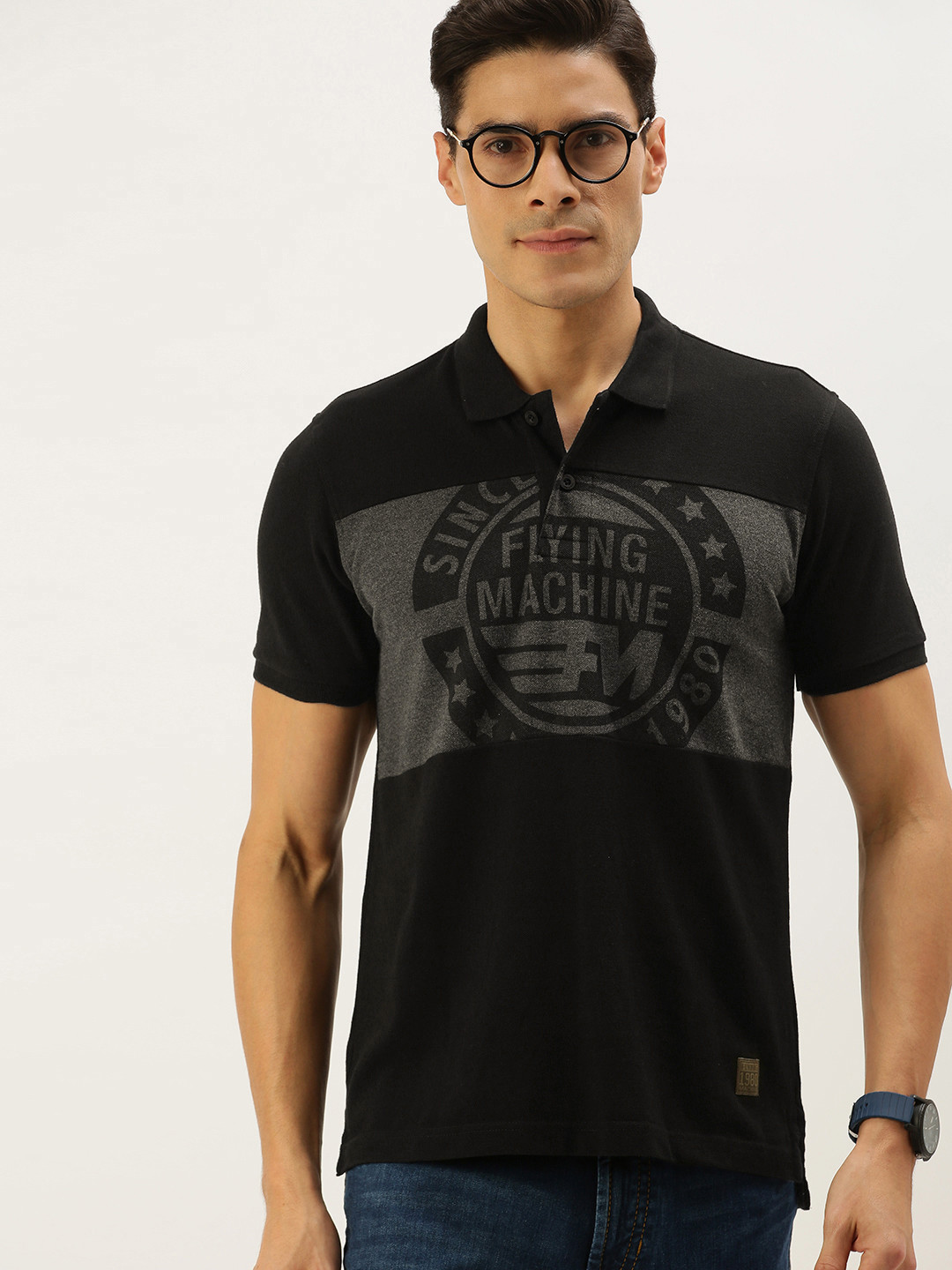 

Flying Machine Men Black & Grey Typography Printed Polo Collar T-shirt