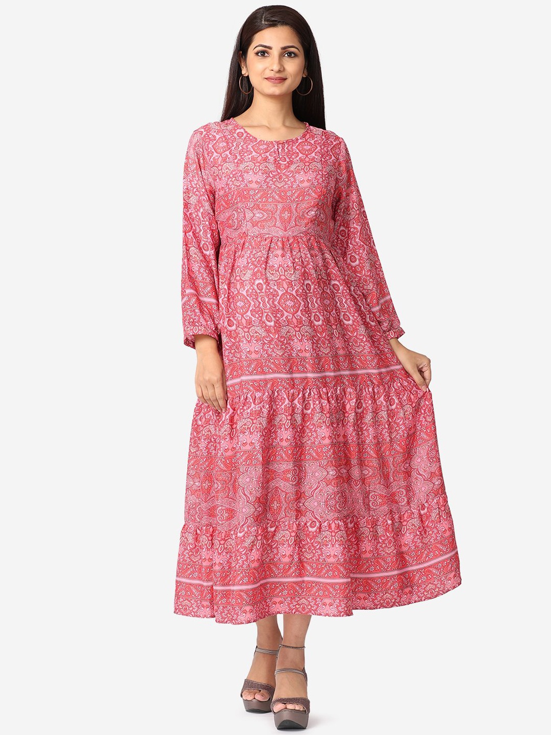 

The Mom Store Maternity Fuchsia Ethnic Motifs A-Line Maxi Dress