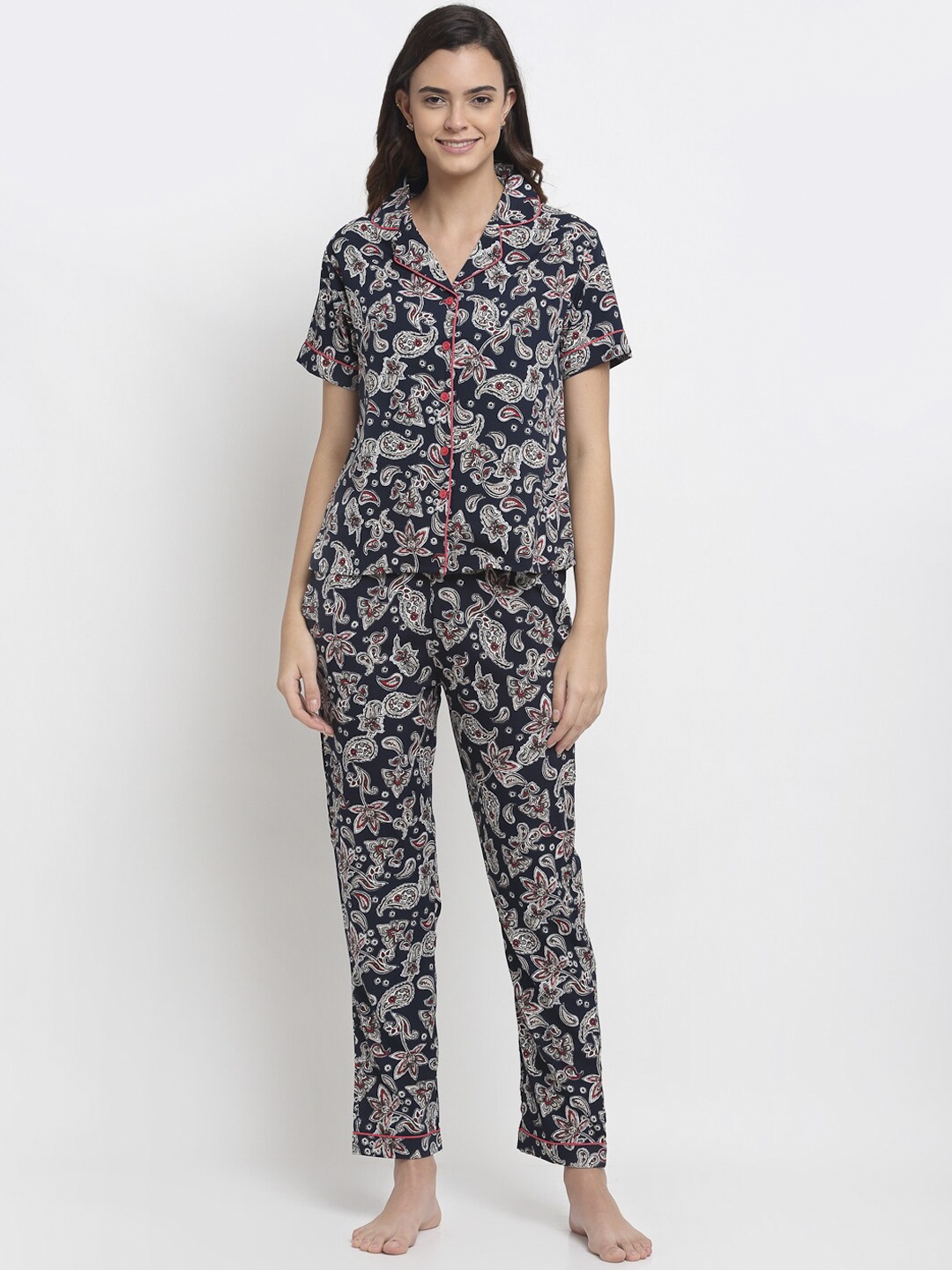 

EROTISSCH Women Navy Blue Paisley Printed Night Suit