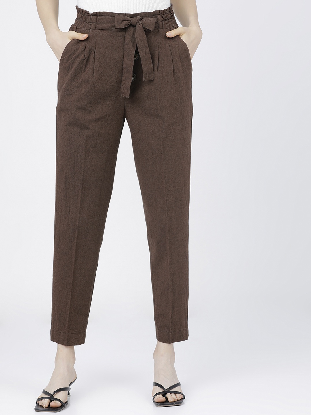 

Tokyo Talkies Women Brown Tapered Fit High-Rise Pleated Peg Trousers