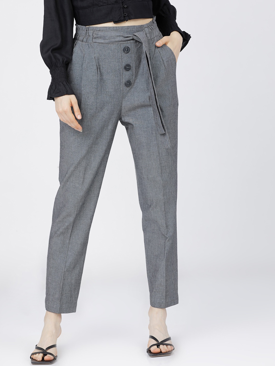 

CHIC BY TOKYO TALKIES Women Grey Tapered Fit High-Rise Pleated Trousers