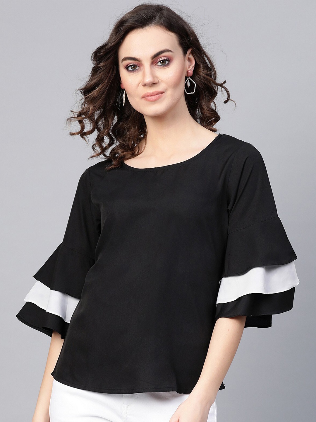 

Pannkh Women Black And White Bell Sleeve Regular Top