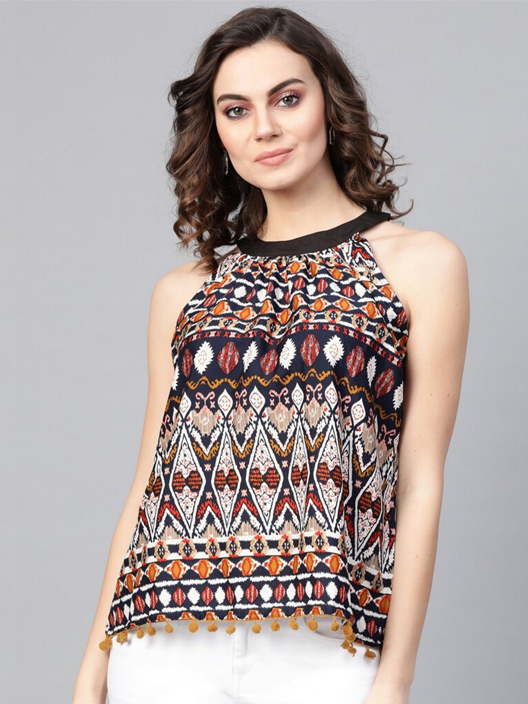 

Pannkh Women Mustard Yellow And Black Tribal Printed Top