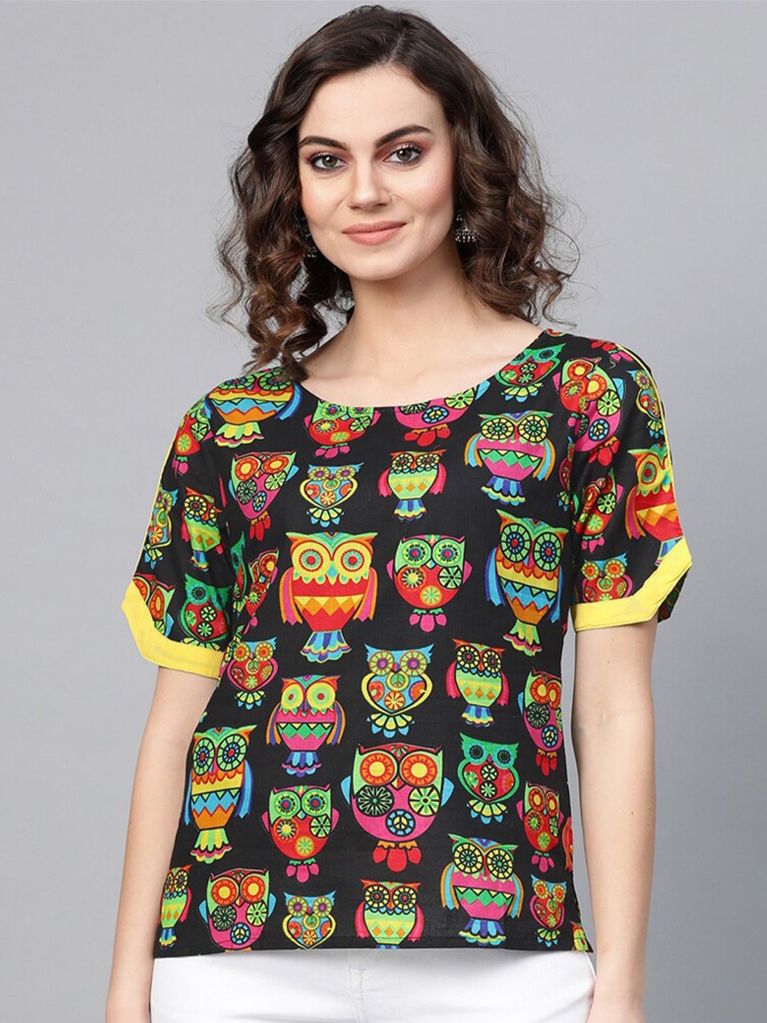 

Pannkh Women Black Owl Printed Regular Top