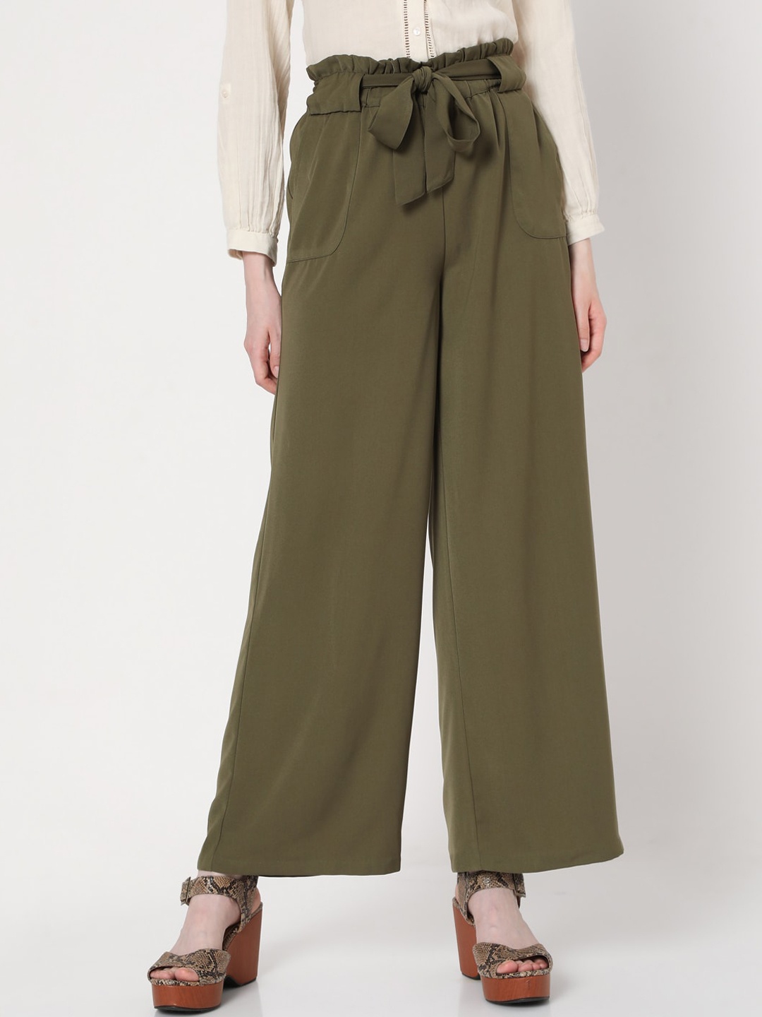 

Vero Moda Women Green High-Rise Pleated Parallel Trousers