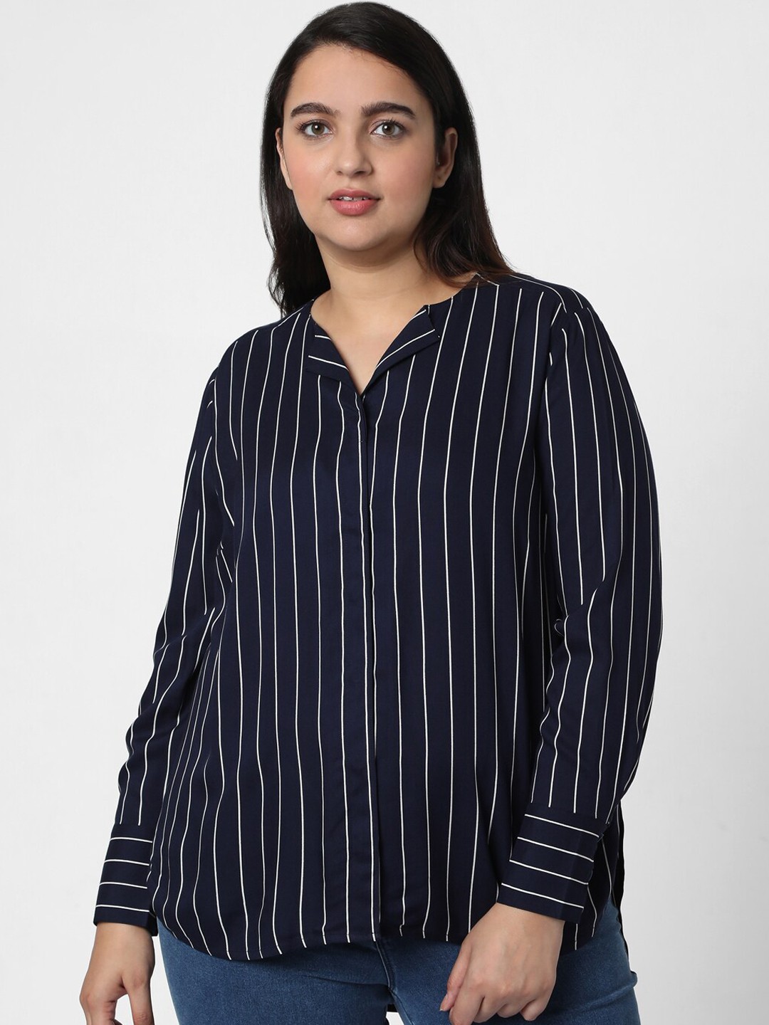 

Vero Moda Women Navy Blue Striped Casual Shirt