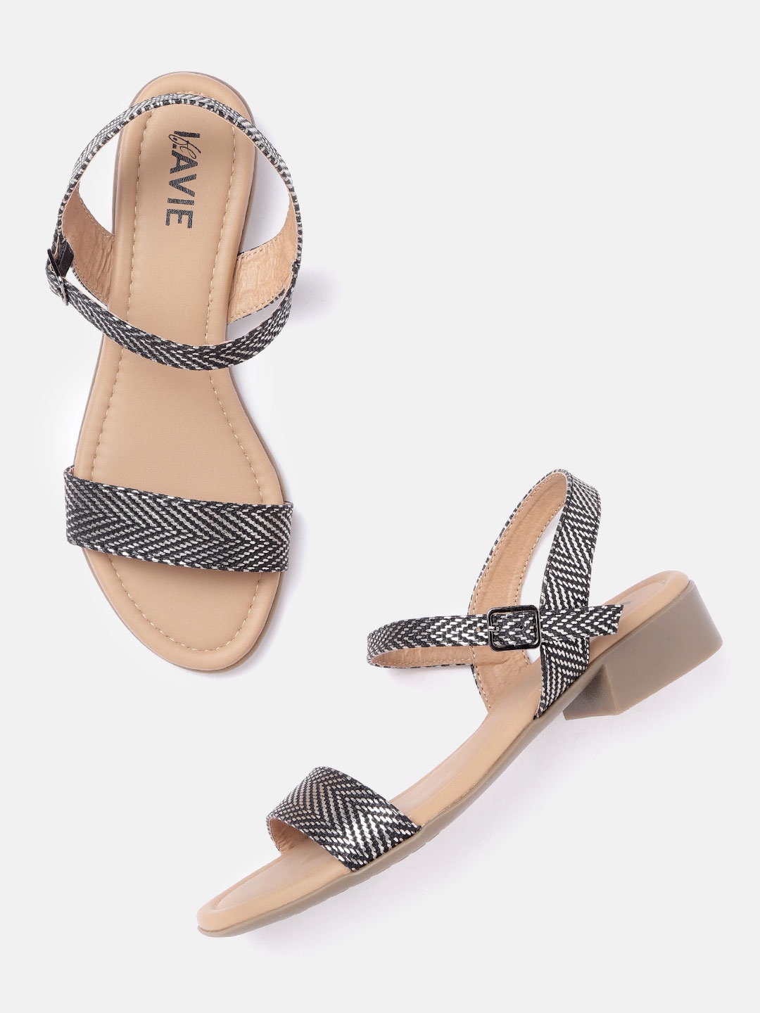

Lavie Women Black & Silver-Toned Textured Open Toe Flats