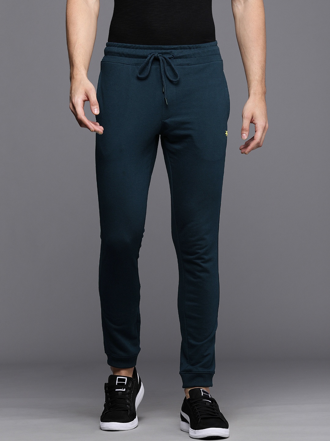 

Wrogn Men Navy Blue Solid Mid-Rise Regular Fit Joggers Track Pants