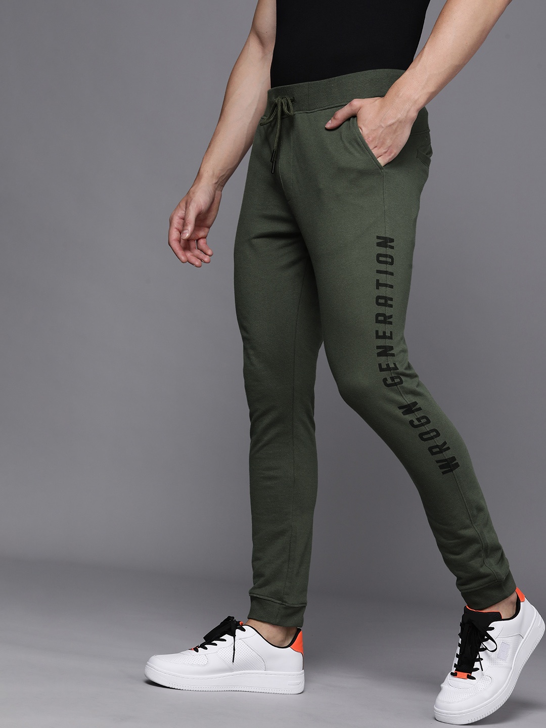 

WROGN Men Black Typography Printed Cotton Joggers, Olive