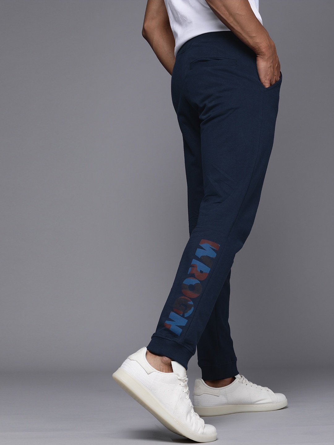 

WROGN Men Navy Blue Slim Fit Brand Logo Printed Joggers