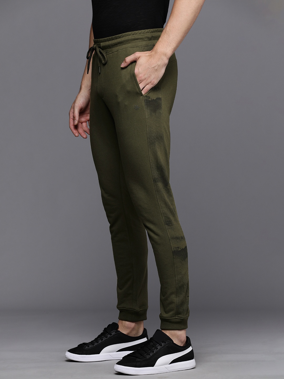 

Wrogn Men Olive Green Solid Regular Fit Joggers Track Pant With Side Print