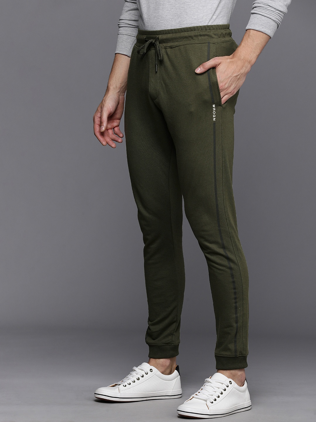 

Wrogn Men Olive Green Solid Regular Fit Joggers Track Pant With Side Stripes
