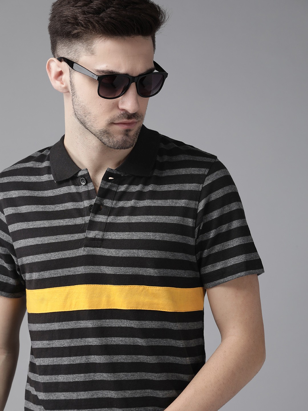 

Roadster Men Charcoal Grey & Black Striped Cotton Polo Collar T-shirt