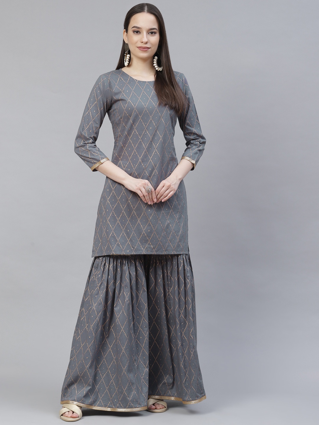 

Meeranshi Women Grey Printed Regular Gotta Patti Kurti with Sharara