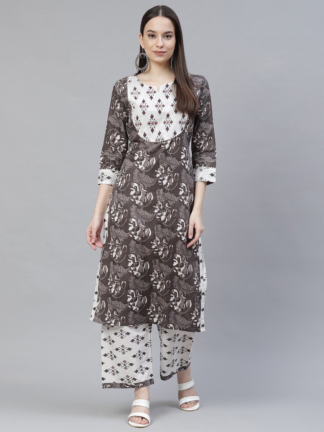 

Meeranshi Women Brown Printed Regular Gotta Patti Pure Cotton Kurta with Trousers