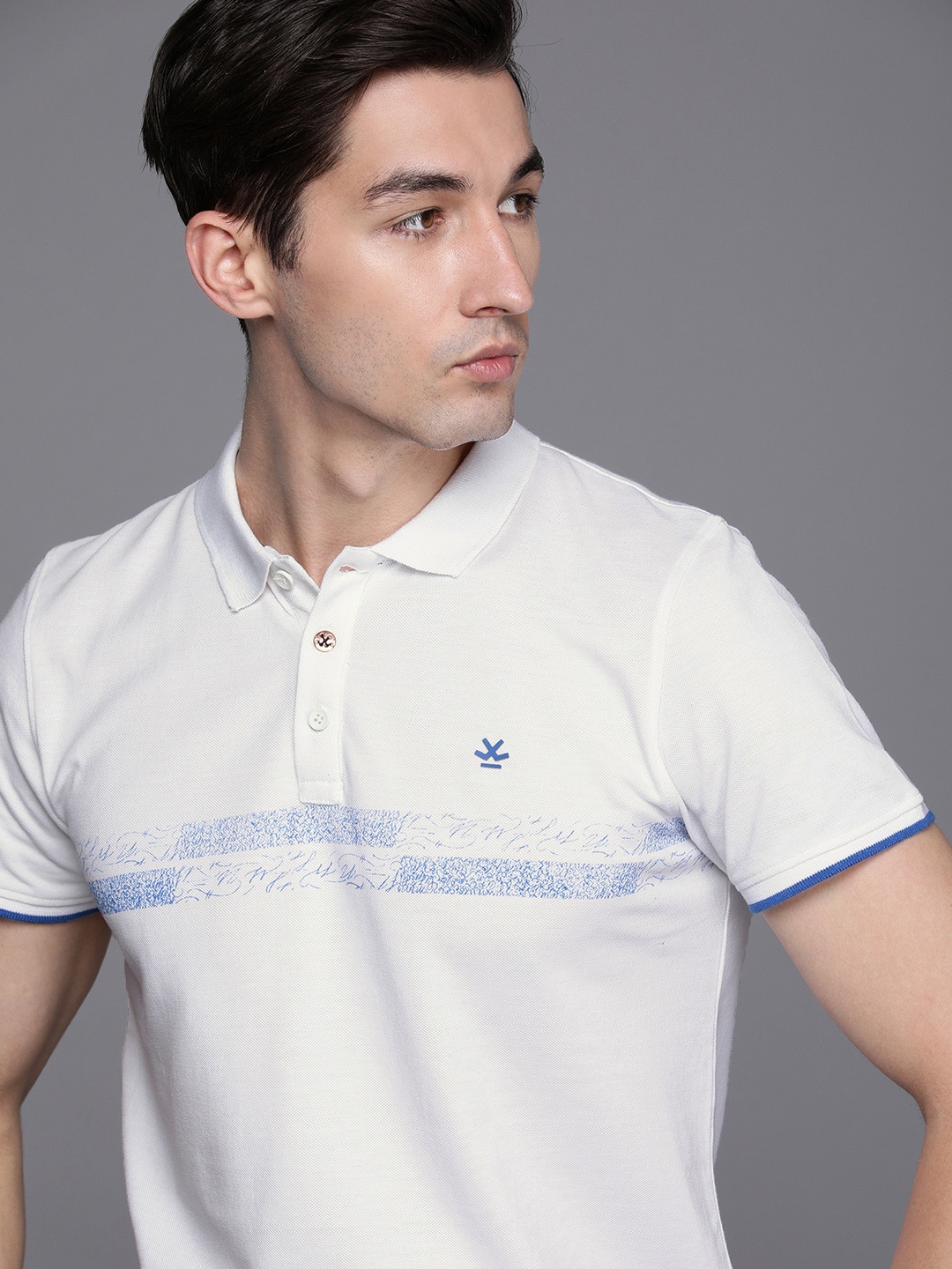 

WROGN Men White Abstract Printed Polo Collar Slim Fit T-shirt