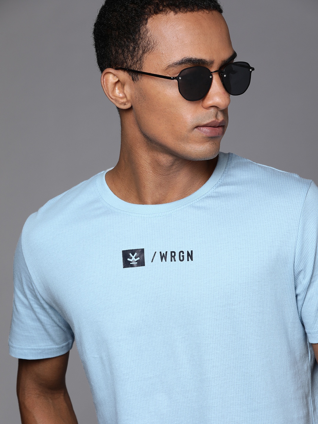 

WROGN Men Light Blue Brand Logo Printed Pure Cotton Slim Fit Casual T-shirt