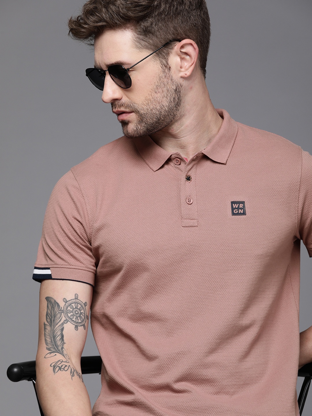 

WROGN Men Pink Brand Logo Printed Polo Collar Applique Slim Fit T-shirt