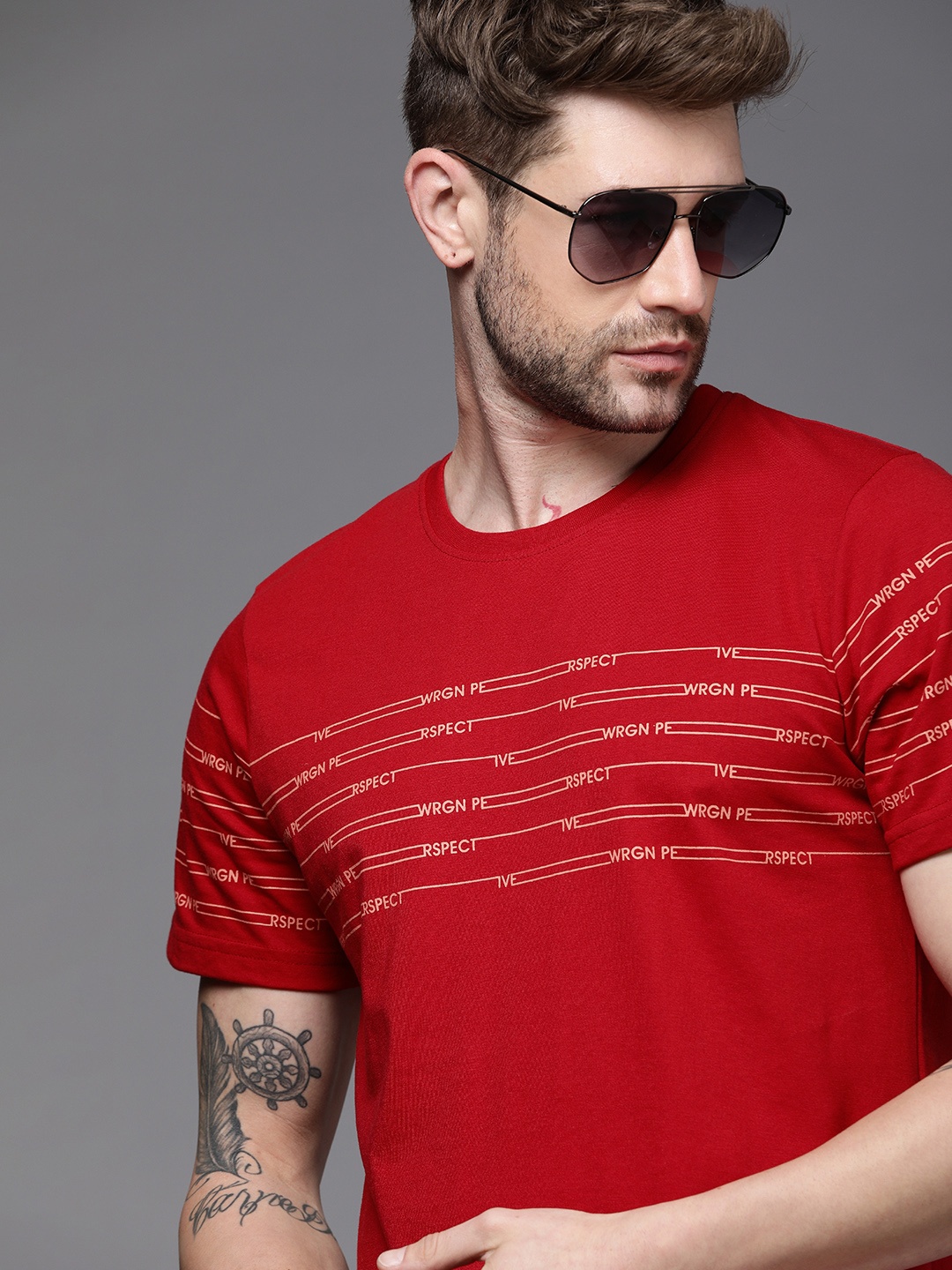 

WROGN Men Red & White Printed Slim Fit T-shirt