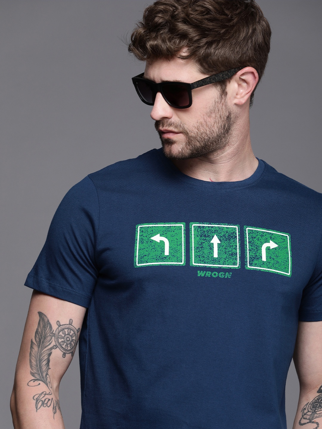 

WROGN Men Navy Blue Graphic Printed Slim Fit Pure Cotton Casual T-shirt