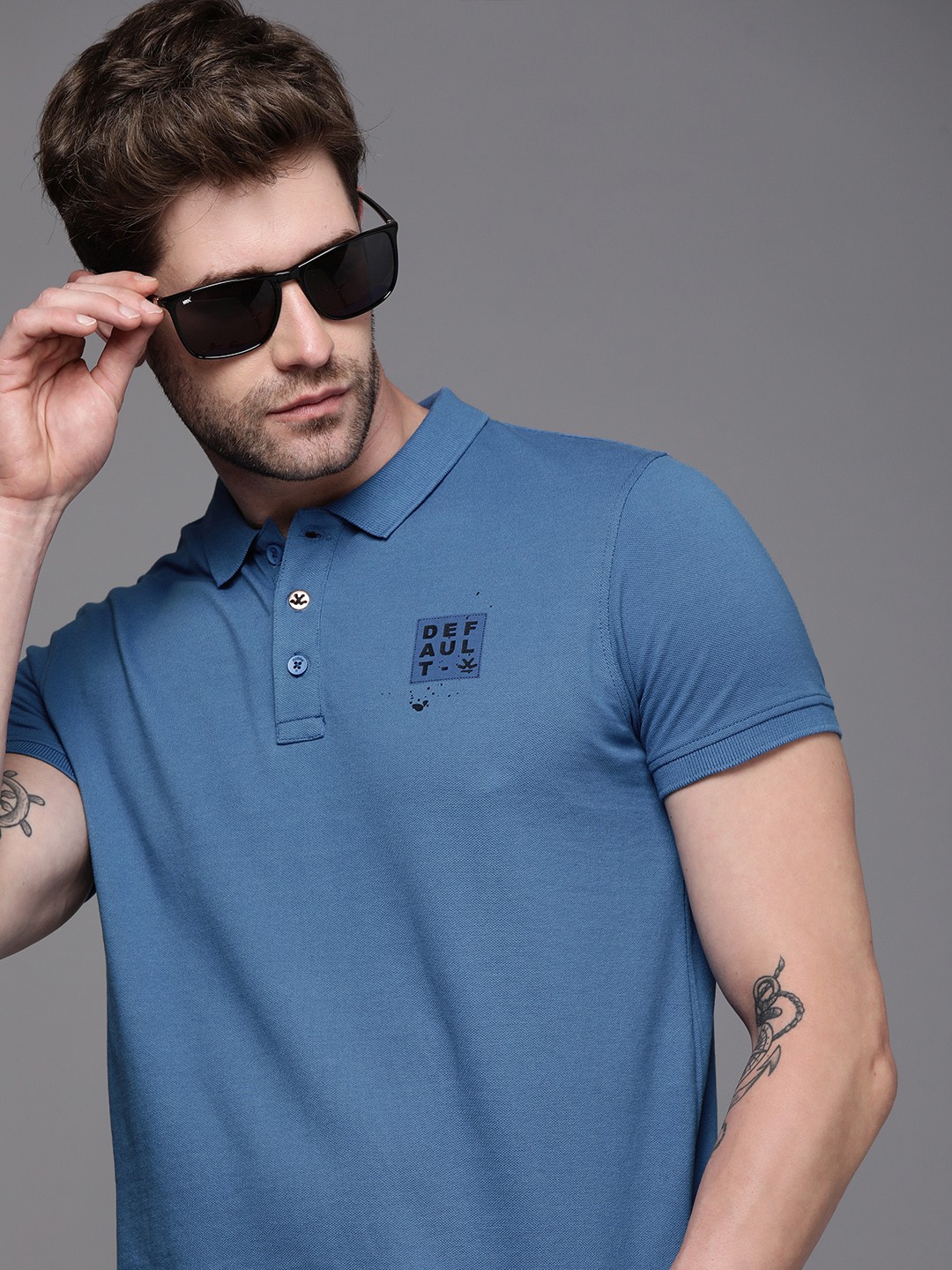 

WROGN Men Blue Solid Slim Fit Polo Collar T-shirt