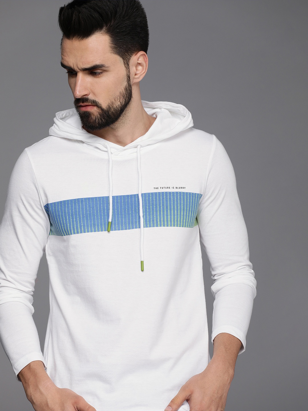 

WROGN Men White & Blue Colourblocked Hooded Slim Fit T-shirt