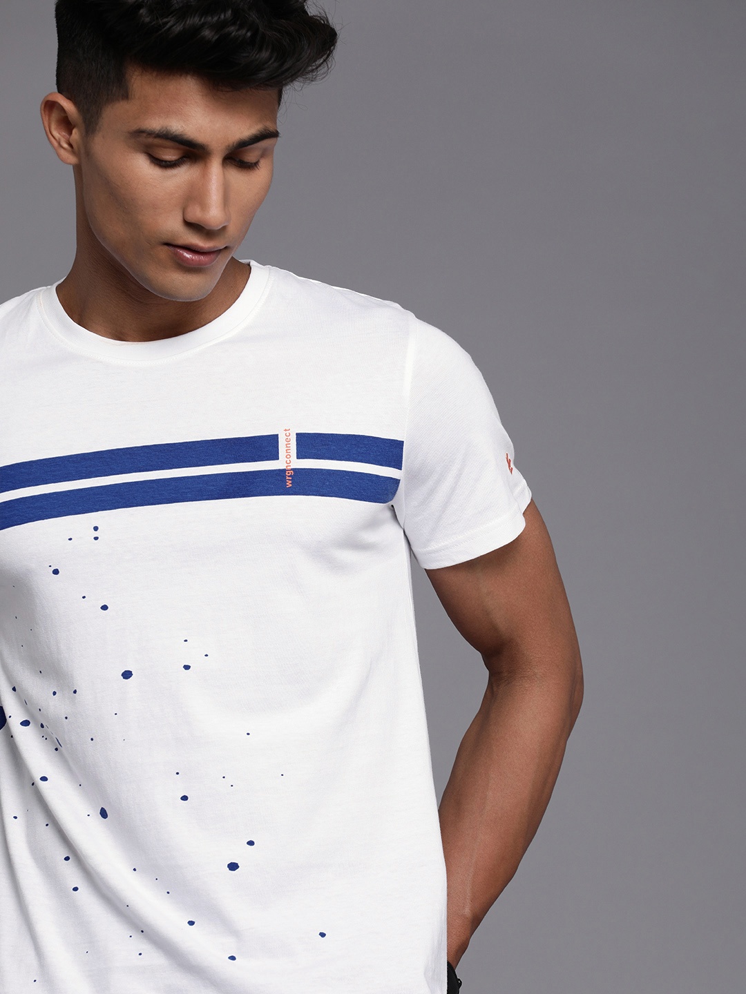 

WROGN Men White & Blue Striped Round Neck Pure Cotton Slim T-shirt
