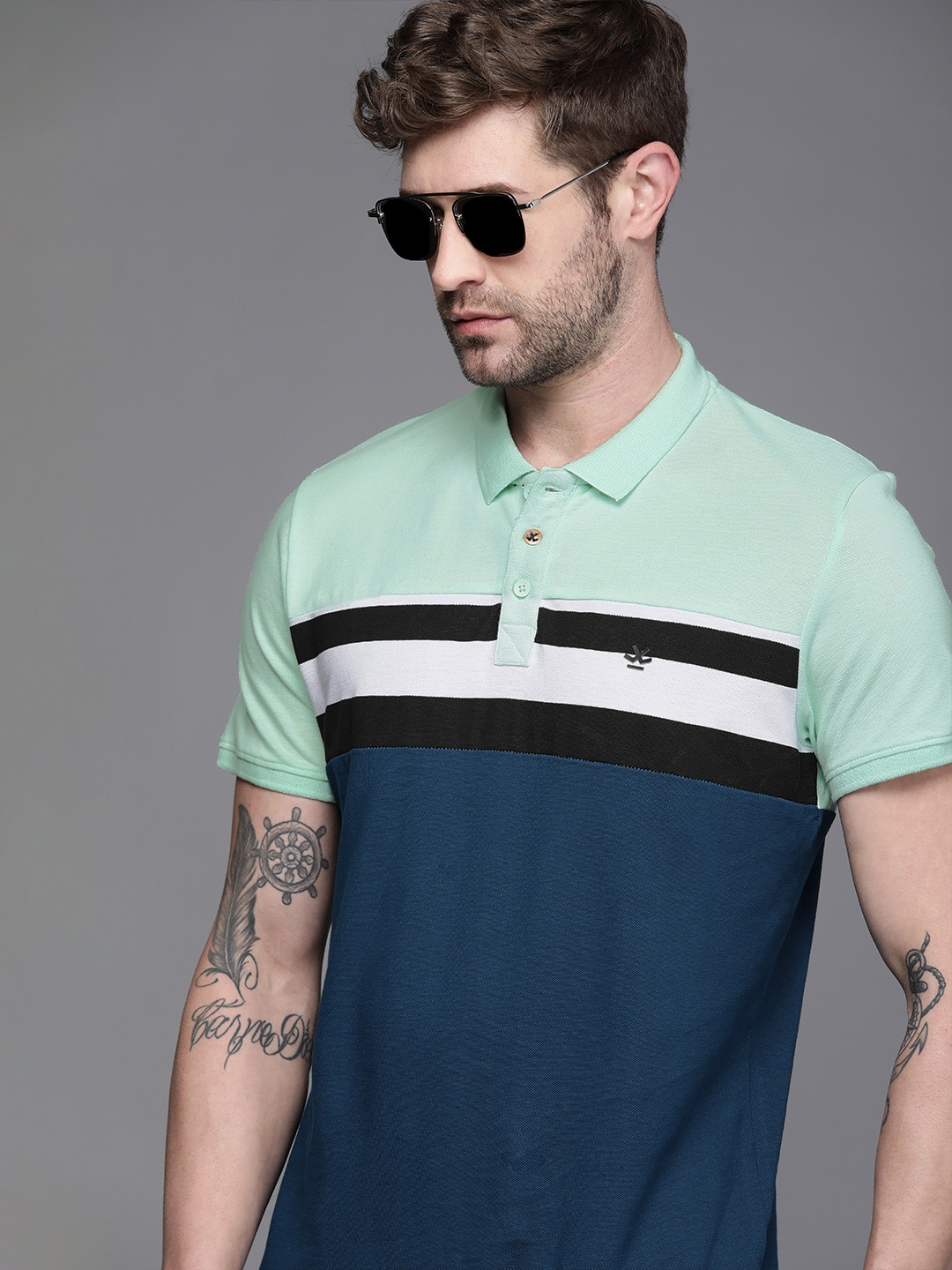 

WROGN Men Green & Navy Blue Colourblocked Slim Fit Polo Collar Pure Cotton T-shirt