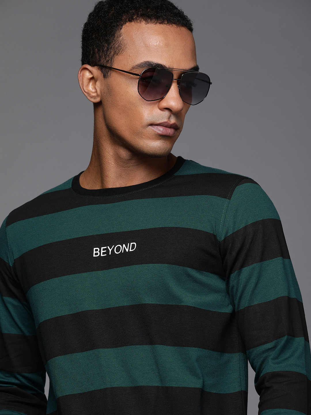 

WROGN Men Teal & Black Striped Slim Fit Casual T-shirt