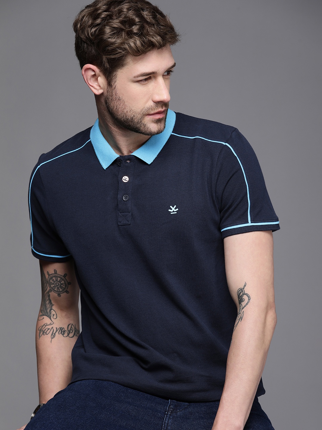 

WROGN Men Navy Blue Solid Slim Fit Polo Collar Pure Cotton T-shirt
