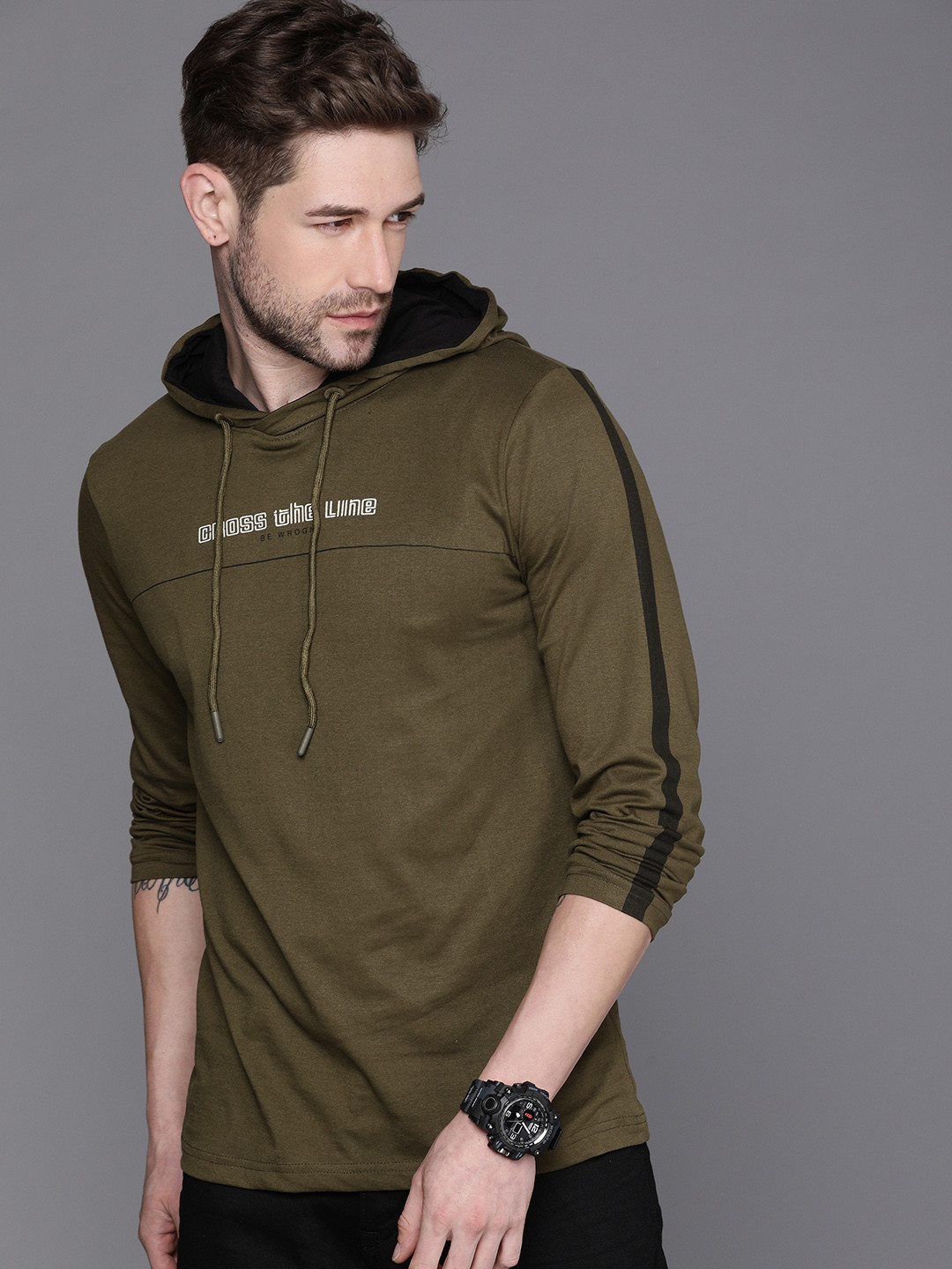 

WROGN Men Brown Printed Hooded Sweatshirt