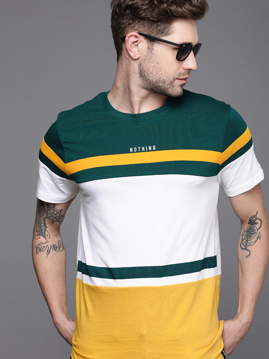 

WROGN Men Teal & White Colourblocked Slim Fit T-shirt