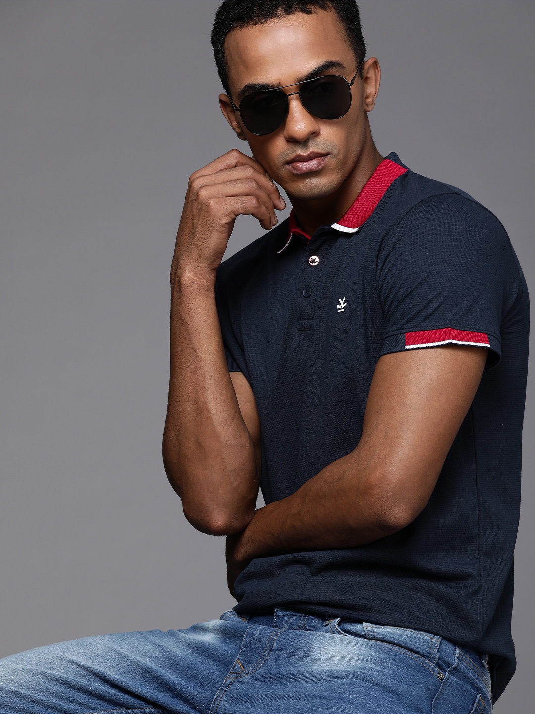 

WROGN Men Navy Blue Solid Polo Collar Slim Fit T-shirt
