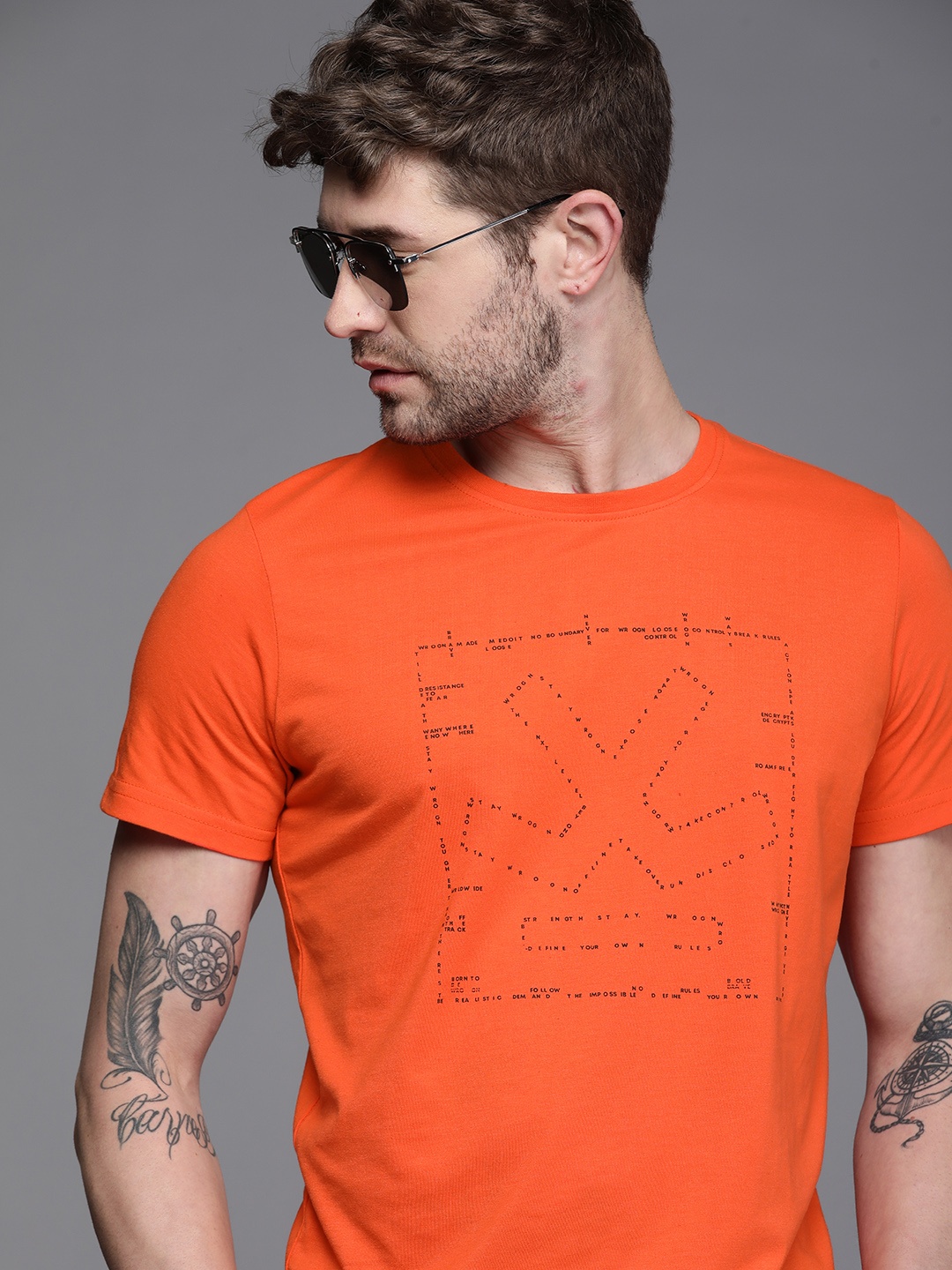 

WROGN Men Orange Brand Logo Printed T-shirt