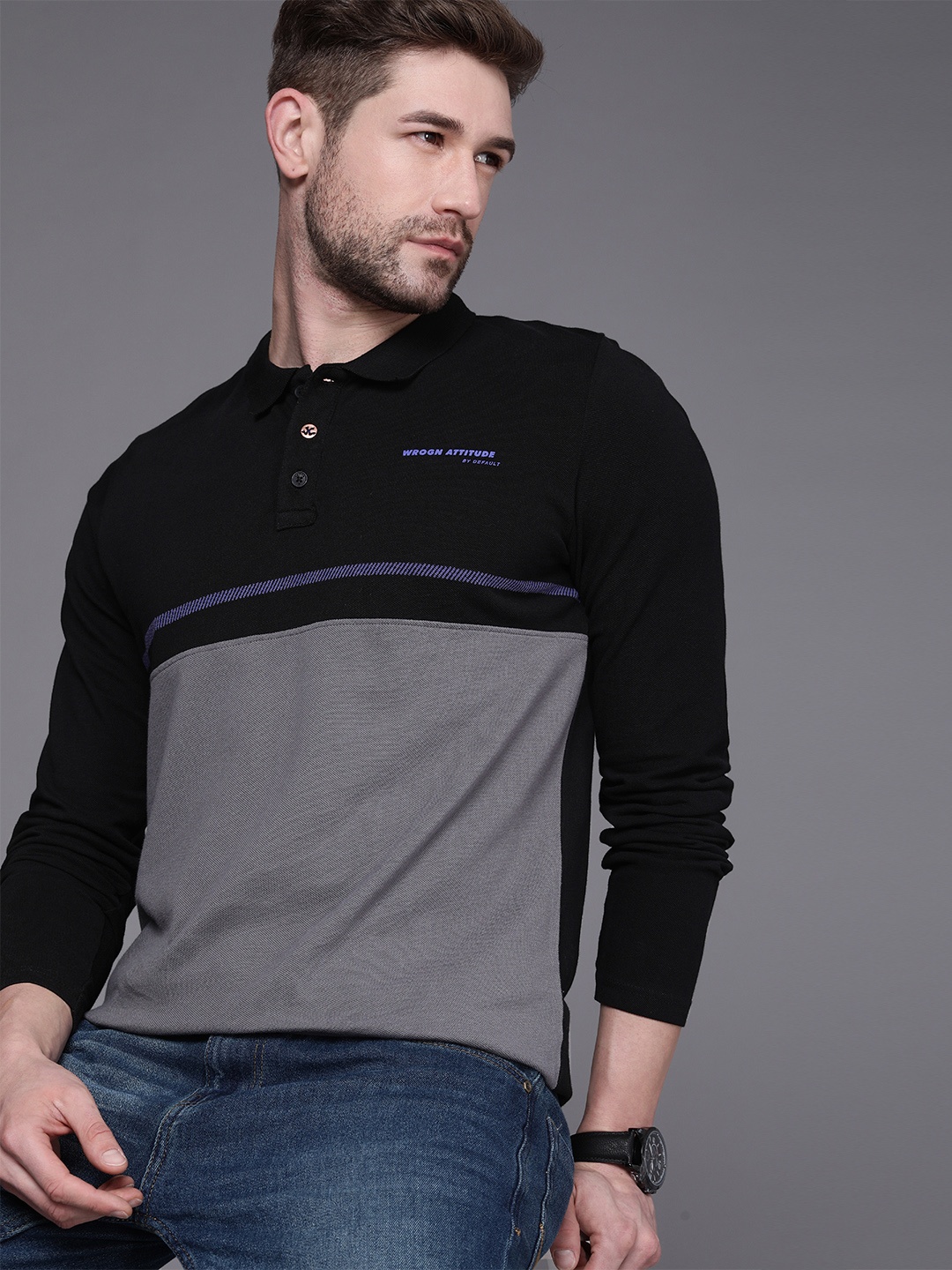 

WROGN Men Black Charcoal Grey Colourblocked Henley Neck Slim Fit Pure Cotton T-shirt